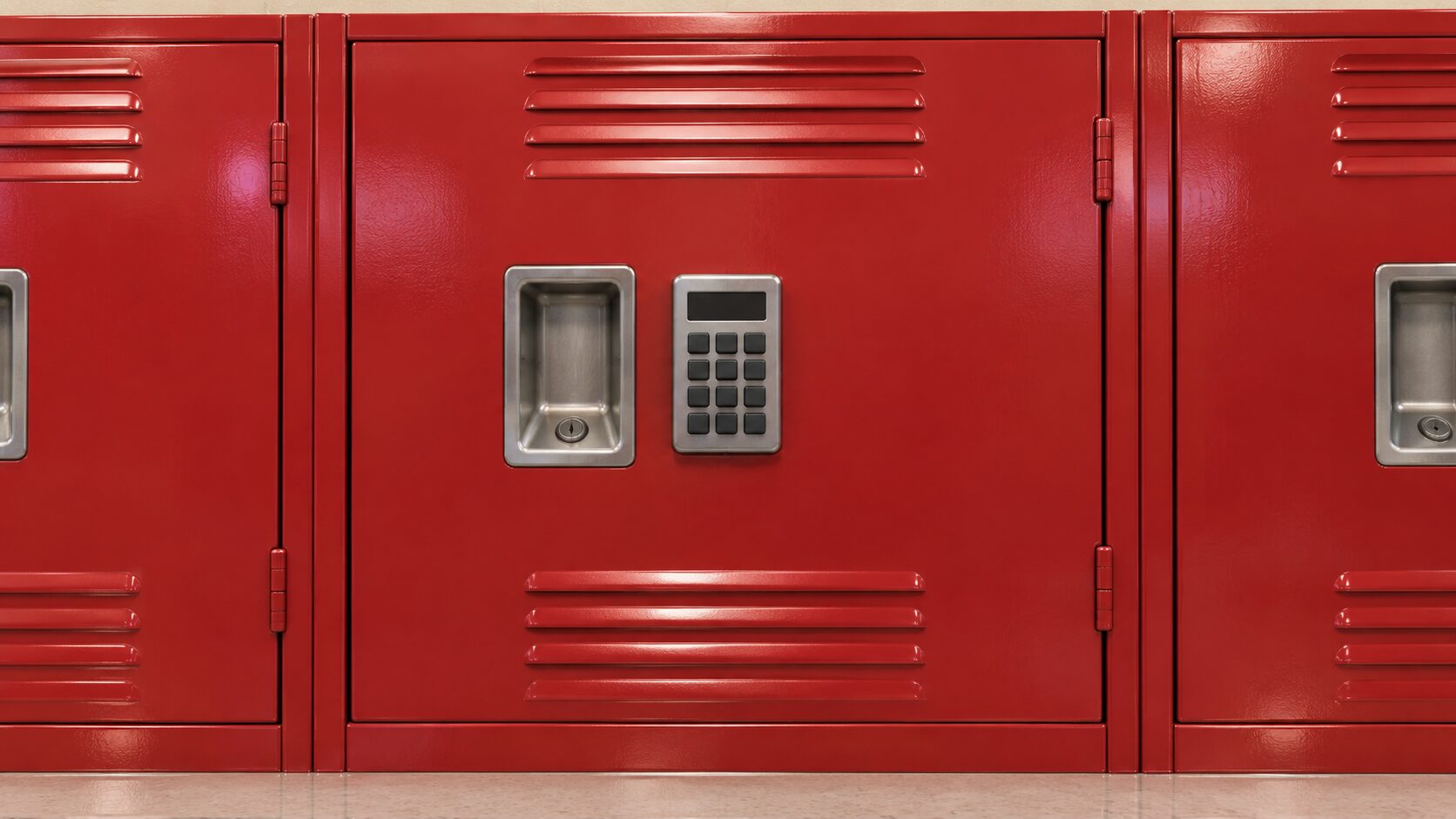 A close-up row of red school lockers