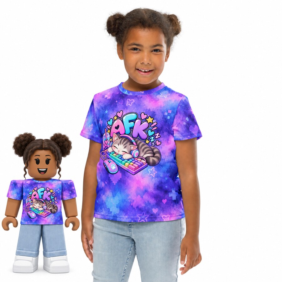 Girl and matching Roblox-style avatar wearing the AFK Kitty shirt