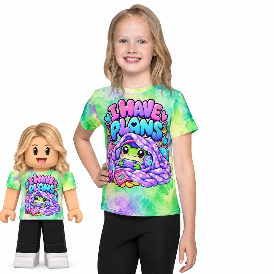 Girl and matching Roblox-style avatar wearing the I Have Plans shirt