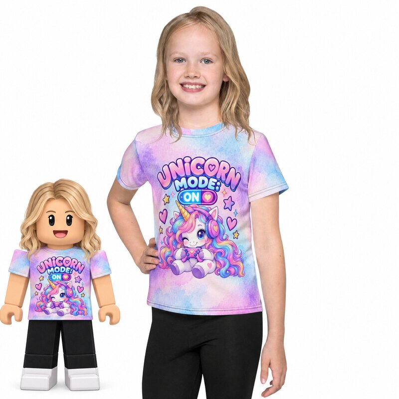 Girl and matching Roblox-style avatar wearing the Unicorn Mode On shirt